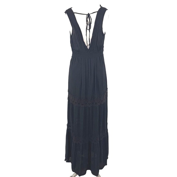 Sweet Lovely by Jen Maxi Dress Black Cochet Surplice Babydoll Empire V Neck Sz L - Picture 3 of 9